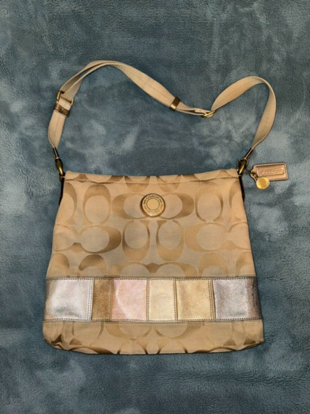 Vintage Coach Signature Metallic Patchwork Stripe File Crossbody Bag F19209 Khak
